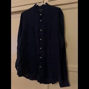 Zara | tailored Slim Fit | navy blue linen button down mandarin collar shirt (L)